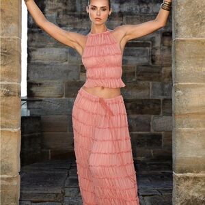 Women's Sleeveless Pink Maxi Dress - Elegant Halter Two-Piece Style